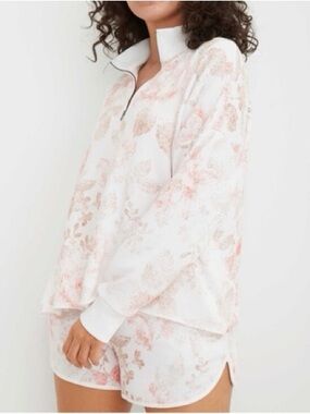 aerie White Floral Half-Zip Lounge Top & Shorts Set